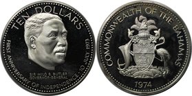 Weltmünzen und Medaillen, Bahamas. Erster Jahrestag der Unabhänigkeit - Sir Milo B. Butler. 10 Dollars 1974, Silber. 1.5 OZ. KM 68a. Polierle Platte