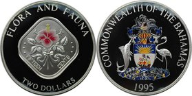 Weltmünzen und Medaillen, Bahamas. Farbmünze. Hibiskus. 2 Dollars 1995, Silber. KM 164. Polierte Platte
