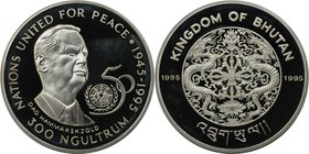 Weltmünzen und Medaillen, Bhutan. 50 Jahre Vereinte Nationen. 300 Ngultrums 1995, Silber. KM 80. Polierte Platte