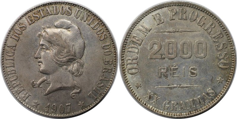 Weltmünzen und Medaillen, Brasilien / Brazil. 2000 Reis 1907, Silber. KM 508. Fa...