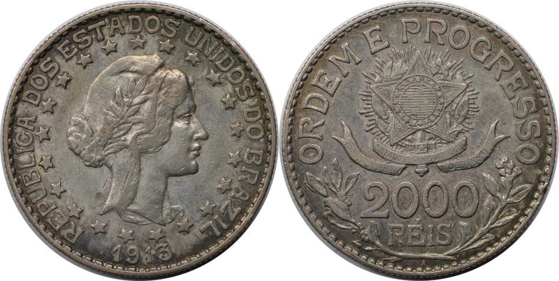 Weltmünzen und Medaillen, Brasilien / Brazil. 2000 Reis 1913, Silber. KM 514. Se...