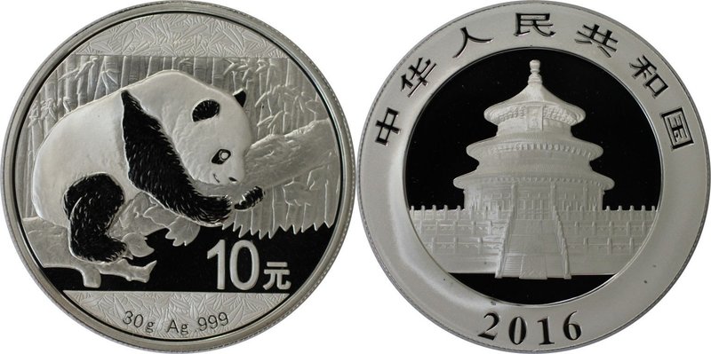 Weltmünzen und Medaillen, China. Panda. 10 Yuan 2016, Silber. 30 g. Polierte Pla...
