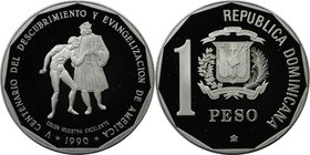 Weltmünzen und Medaillen, Dominikanische Republik / Dominican Republic. 500 Jahre Entdeckung Amerikas. 1 Peso 1990, Silber. KM 77a. Polierte Platte