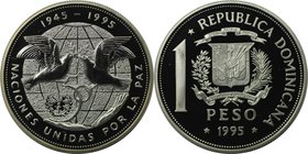 Weltmünzen und Medaillen, Dominikanische Republik / Dominican Republic. 50 Jahre Vereinte Nationen. 1 Peso 1995, Silber. KM 87a. Polierte Platte