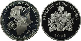 Weltmünzen und Medaillen, Gambia. 50 Jahre Vereinte Nationen. 20 Dalasis 1995, Silber. KM 37a. Polierte Platte