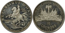 Weltmünzen und Medaillen, Haiti. 10. Jahrestag der Revolution - General Toussaint Louverture. 10 Gourdes 1967 IC, Silber. KM 65.1. Polierte Platte