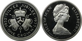 Weltmünzen und Medaillen, Isle of Man. 25 jähriges Thronjubiläum Elisabeth II. Crown 1977, Silber. KM 41a. Polierte Platte, mit Box + Zertifikat
