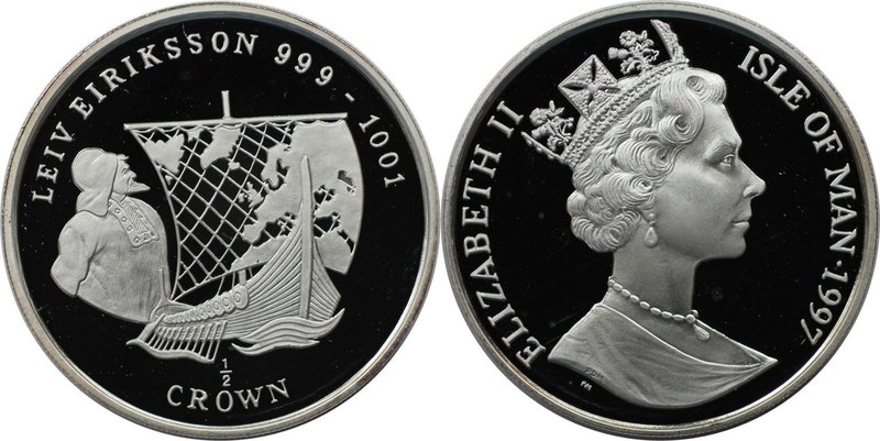 Weltmünzen und Medaillen, Isle of Man. Leiv Eiriksson. 1/2 Crown 1997, Silber. K...