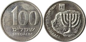 Weltmünzen und Medaillen, Israel. Menorah. 100 Sheqalim 1984-1985, Kupfer-Nickel. KM 143. Fast Stempelglanz