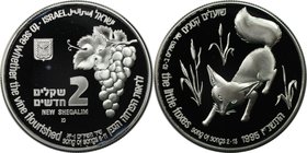 Weltmünzen und Medaillen, Israel. Wildleben - Fuchs und Weintrauben. 2 New Sheqalim 1995, Silber. 0.93 OZ. KM 276. Polierte Platte