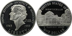 Weltmünzen und Medaillen, Vereinigte Staaten / USA / United States. 250. Geburtstag von Thomas Jefferson. Dollar 1993 S, Silber. KM 249. Polierte Plat...