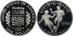 Weltmünzen und Medaillen, Vereinigte Staaten / USA / United States. XV. Fußball WM 1994 - USA. Dollar 1994 S, Silber. KM 247. Polierte Platte