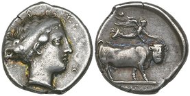 Italy, Campania, Neapolis, didrachm, c. 400 BC, head of nymph right wearing broad hair band, rev., [ΝΕΑΠΟ]ΛΙΤΗΣ, man-headed bull right crowned by Nike...