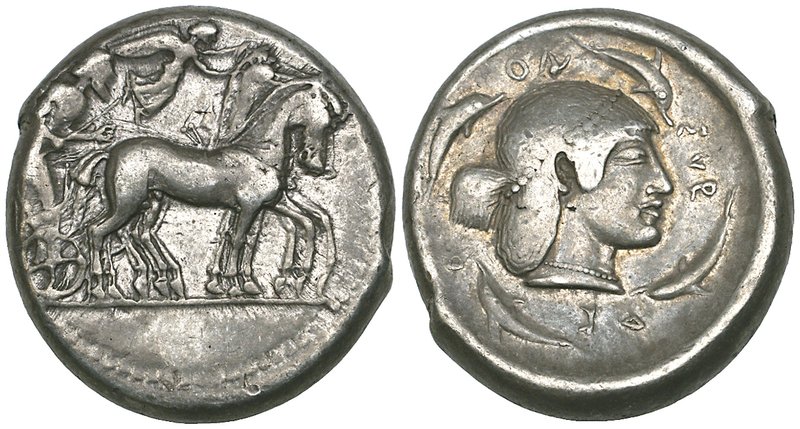 Sicily, Syracuse, tetradrachm, c. 480-475 BC, quadriga driven right, rev., ΣΥRΑΚ...