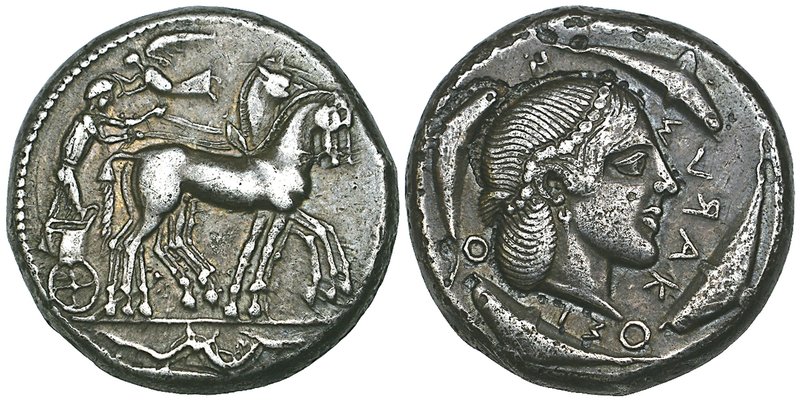 Sicily, Syracuse, tetradrachm, c. 460-450 BC, quadriga right with pistrix below,...