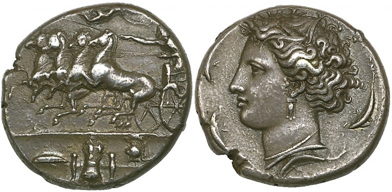 Sicily, Syracuse, decadrachm, c. 400 BC, signed by Euainetos, quadriga driven le...