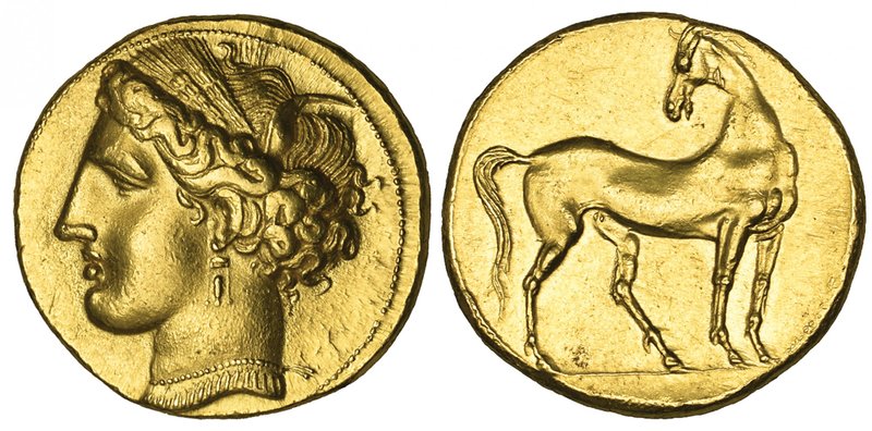 Zeugitana, Carthage, gold trihemistater, c. 260 BC, wreathed head of Tanit left ...