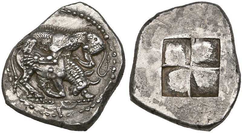 Macedon, Akanthos, tetradrachm, c. 480 BC, bull collapsing to right as it is att...