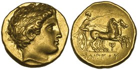 Kings of Macedon, Philip II (359-336 BC), gold stater, Pella, c. 340-328 BC, laureate head of Apollo right, rev., ΦΙΛΙΠΠΟΥ, biga driven right by chari...