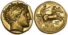 Kings of Macedon, Philip II (359-336 BC), gold stater, Pella, c. 340-328 BC, laureate head of Apollo right, rev., ΦΙΛΙΠΠΟΥ, biga driven right by chari...