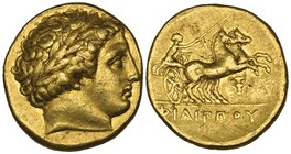 Kings of Macedon, Philip II (359-336 BC), gold stater, Pella, c. 323-315 BC, laureate head of Apollo right, rev., ΦΙΛΙΠΠΟΥ, biga driven right by chari...