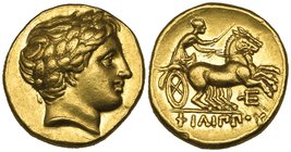 Kings of Macedon, Philip II (359-336 BC), gold stater, Amphipolis, c. 323-315 BC, laureate head of Apollo right, rev., ΦΙΛΙΠΠΟΥ, biga driven right by ...