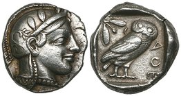 Attica, Athens, tetradrachm, later 5th century BC, helmeted head of Athena right, rev., ΑΘΕ, owl standing right with head facing; to left, olive spray...
