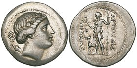 Pamphylia, Perge, tetradrachm, 3rd to 2nd century BC, laureate head of Apollo right, quiver at shoulder, rev., ΑΡΤΕΜΙΔΟΣ ΠΕΡΓΑΙΑΣ, Artemis standing le...