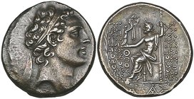 Kings of Syria, Antiochos IV (175-164 BC), tetradrachm, Ake-Ptolemais, diademed head right, rev., Zeus seated left holding Nike and sceptre; to left, ...