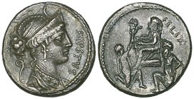 Faustus Cornelius Sulla, denarius, 56 BC, diademed bust of Diana right, rev., Bocchus of Mauretania offering an olive branch to Sulla who is seated le...