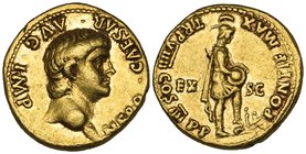 Nero (54-68), aureus, Rome, 62-63, NERO CAESAR AVG IMP, bare head right, rev., PONTIF MAX TR P VIIII COS IIII P P, Roma standing right inscribing shie...