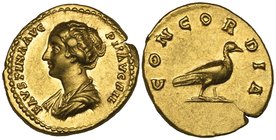 Faustina Junior (wife of Marcus Aurelius, died 175), aureus, Rome, undated, FAVSTINA AVG PII AVG FIL, draped bust left, rev., CONCORDIA, dove standing...