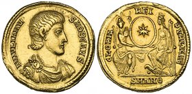 Julian II, the Apostate, as Caesar (355-360), solidus, Antioch, IVLIANVS NOB CAVS (sic), bare-headed bust right, rev., GLORIA REIPVBLICAE, Roma and Co...