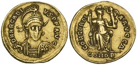 Arcadius (383-408), solidus, facing bust, rev., Concordia seated, some marks, very fine; together with solidi of Maurice Tiberius (2), fine with weakn...