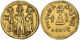 Heraclius (610-641), solidus, three standing figures, rev., cross potent on steps flanked by monograms; officina H, 4.40g (DO 41; S. 767), edge marks,...
