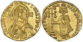 Justinian II, 1st reign (685-695), solidus, facing bust of Christ with cross behind, rev., standing figure of Justinian holding cross potent, 4.23g, d...
