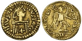 Visigothic, tremissis in the name of Justin I (518-527), .N IVSTI NVS P AVC, bust right with cross on breast, rev., VICTORI-Λ COVSTORV, Victory advanc...