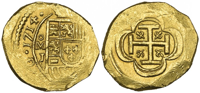 Philip V (1700-1724), cob 2 escudos, 1714 J, sharply struck somewhat off-centre,...
