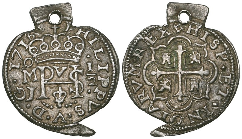 Philip V (1700-1724), Royal Coinage, heart-shaped half-real, Mexico City, 1716 J...