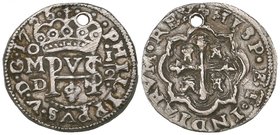 Philip V (1724-1746), Royal Coinage, round half-real, Mexico City, 1726 D, struck in medallic die alignment, 1.53g (Cal. type 285, date unlisted), pie...
