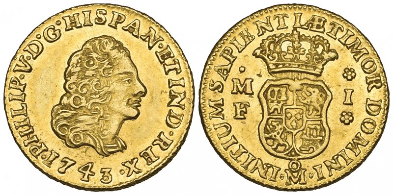 Philip V (1724-1746), 1 escudo, Mexico City mint, 1743 MF (Cal. 528; F. 11), vir...