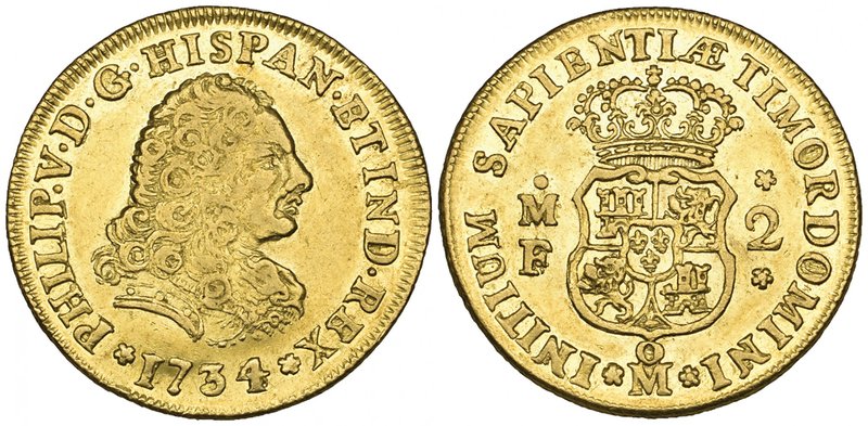 Philip V (1724-1746), 2 escudos, Mexico City mint, 1734/3 (?) MF (cf Cal. 358 (b...
