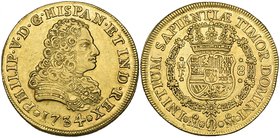 Philip V (1724-1746), 8 escudos, Mexico City mint, 1734/3 MF, cinquefoil over assayer’s mark (Cal. 124; F. 8), good very fine, a rare variety 

Esti...