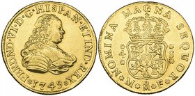 Ferdinand VI (1746-1759), 4 escudos, Mexico City mint, 1749 MF (Cal. 106; F. 18), has been mounted and with contact wear, otherwise very fine

Estim...