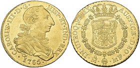 Carlos III (1759-1788), 8 escudos, Mexico City mint, 1765/4 MF (Cal. 79; F. 29), small edge flaw on reverse, extremely fine or better. Offered in a NG...