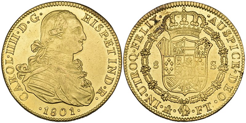 Carlos IV (1788-1808), 8 escudos, Mexico City mint, 1801 FT, T of assayer’s init...