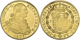 Carlos IV (1788-1808), 8 escudos, Mexico City mint, 1801 FT, T of assayer’s initial over faint M (cf Cal. 55; F. 43), shield slightly weak, virtually ...