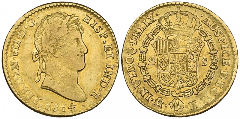 Ferdinand VII (1808-1822), 2 escudos, Mexico City mint, 1814 HJ, laureate head (...