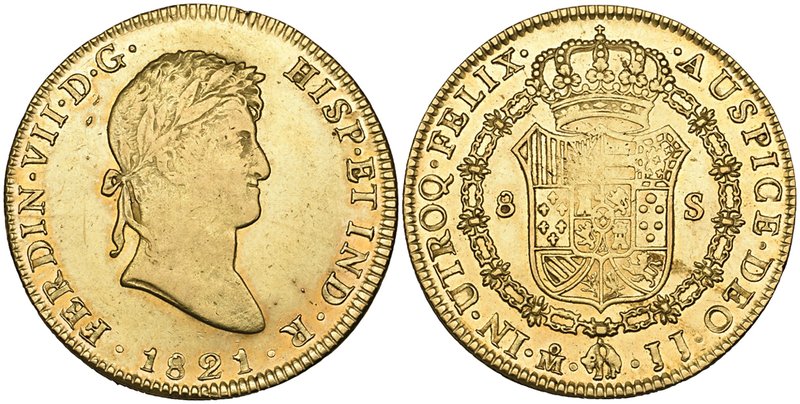 Ferdinand VII (1808-1822), 8 escudos, Mexico City mint, 1821 JJ, laureate head (...