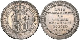Proclamation Medallic Coinage: Carlos IV, San Luis Potosí, proclamation 2 reales, 1790, crowned shield, rev., legend en su proclamacion. la ciudad de ...